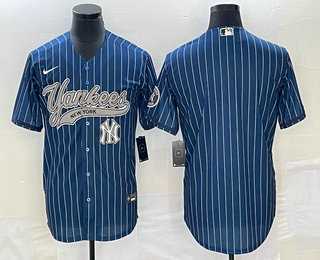Men%27s New York Yankees Big Logo Navy Blue Pinstripe Cool Base Stitched Baseball Jerseys->new york yankees->MLB Jersey